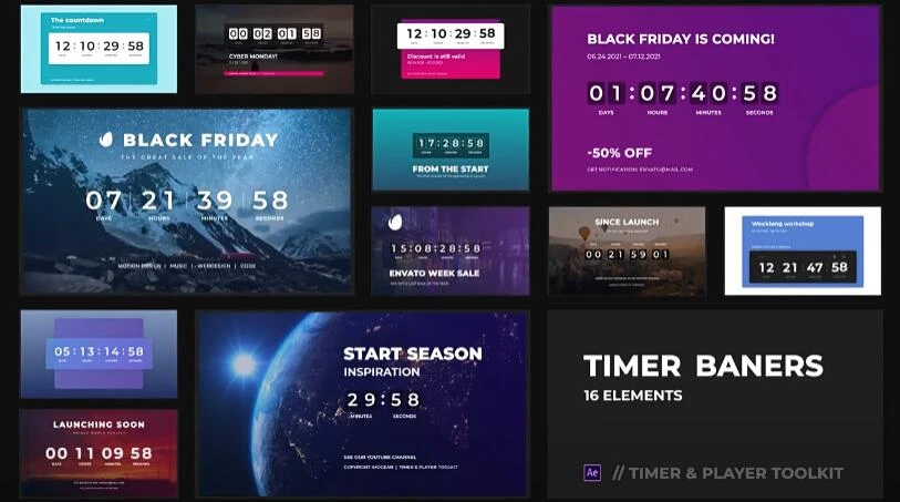 AE/PR模板 60组时尚创意图形数字计时器播放器倒计时动画 Timer & Player Toolkit – 百度云下载