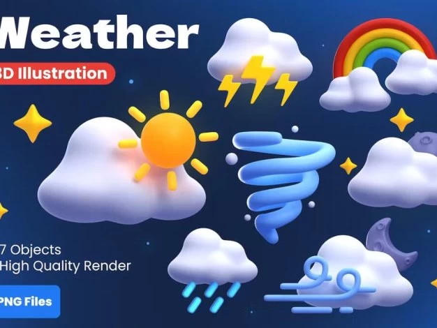 67个三维渲染天气预报趣味图标OBJ/GLB/PNG设计素材 Weather 3D Illustrations – 百度云下载