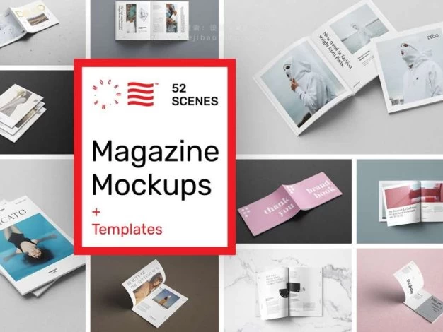 PS样机 52款书本杂志图书手册装订效果展示PS模型样机 Magazine Mockups – 52 Scenes – 百度云下载