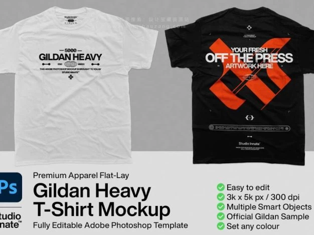 PS样机 时尚潮牌短袖T恤平铺服装印花图案设计贴图 5000 Gildan Heavy – T-Shirt Mockup – 百度云下载