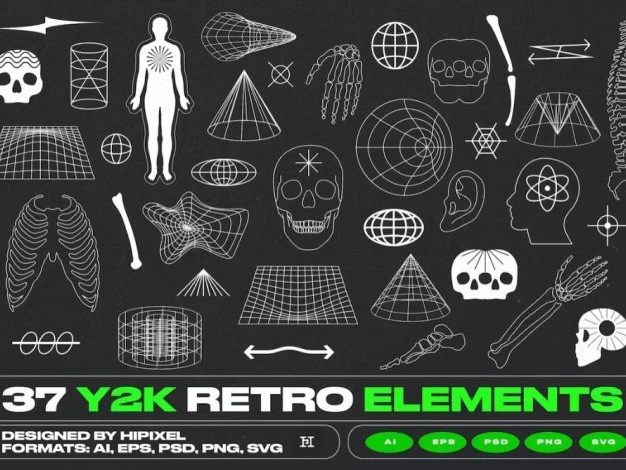 37款复古Y2K千禧风人体部位抽象几何图形LOGO徽标元素矢量素材 37 Y2K Retro Elements – 百度云下载