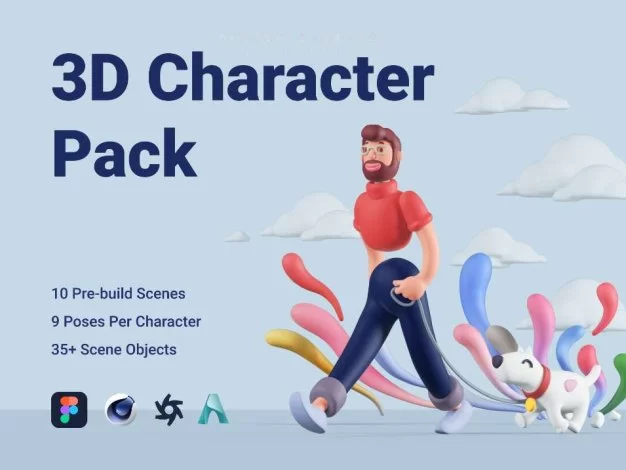C4D模型 高品质男女卡通人物角色骨骼绑定界面设计3D 图标设计素材 Character Pack – 百度云下载